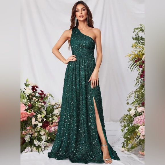 Faeriesty Sequin Gown Dress Size L Green One Shoulder Prom Weeding Dress Pleated - Picture 1 of 14